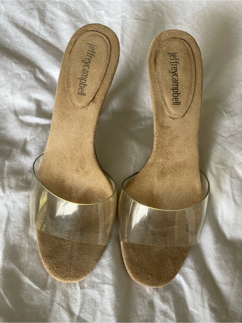 Jeffrey Campbell Clear Strap Slides with Tan Suede Footbed Size 9
